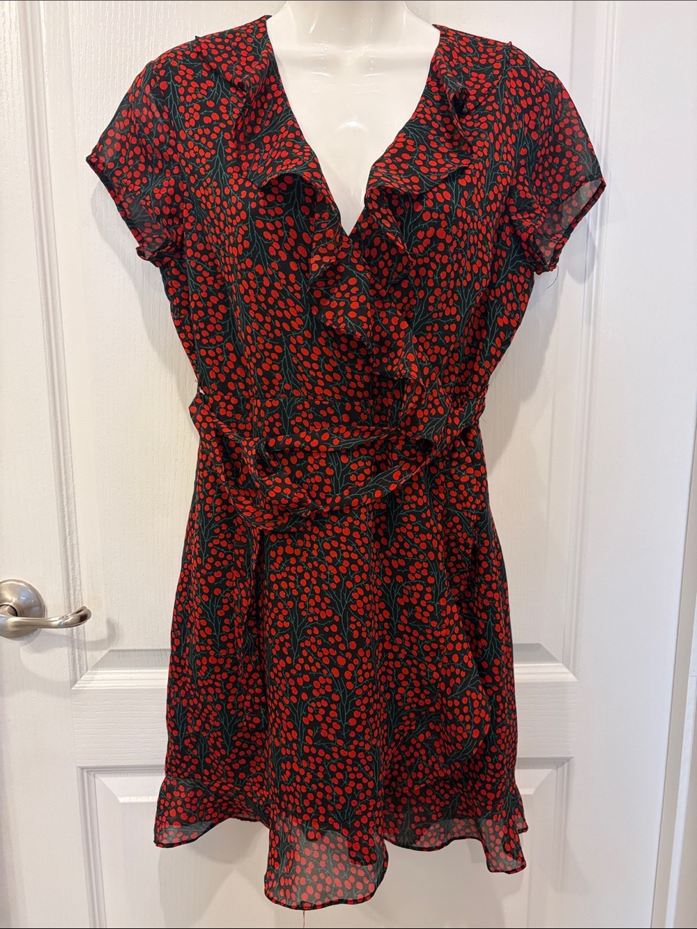 Bardot Black Red Cherry Print Faux Wrap Ruffle Mini Dress 6 - Picture 2 of 8